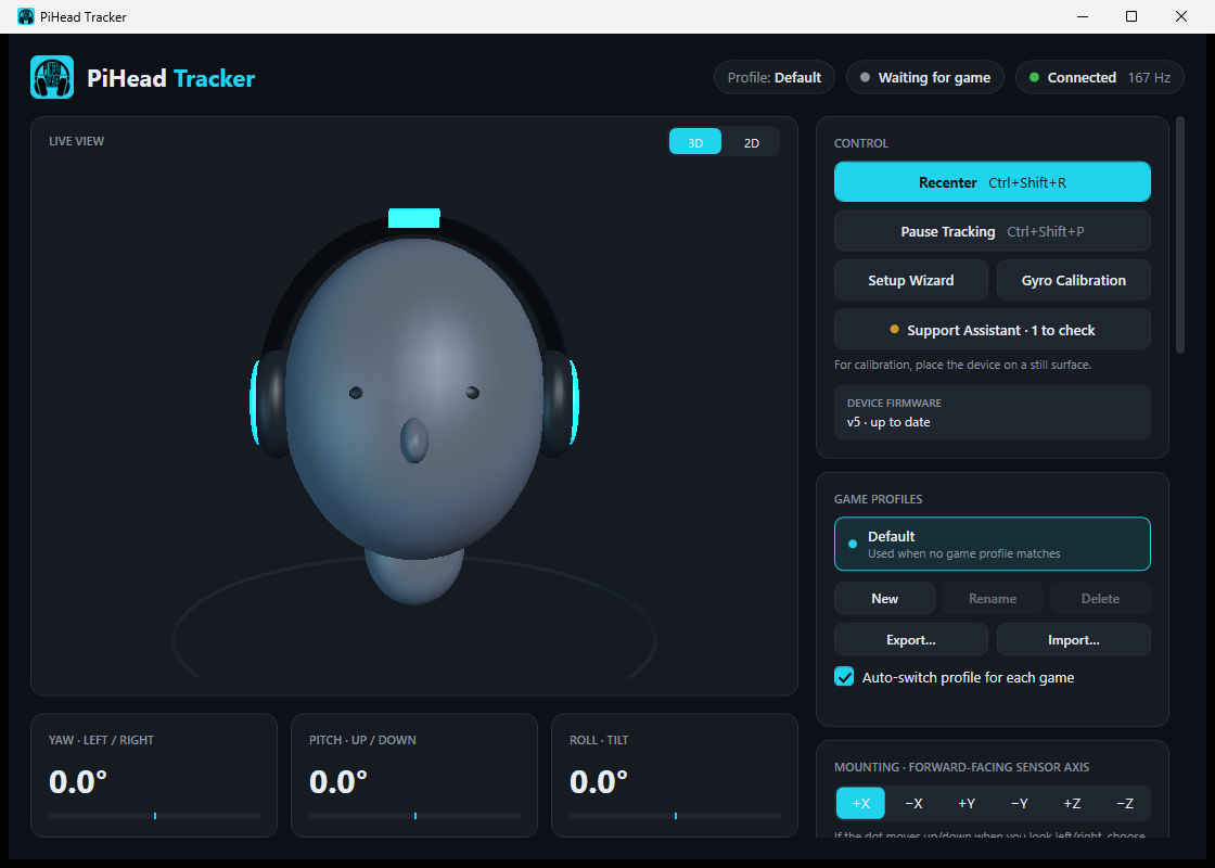 The main screen of the PiHead Tracker app